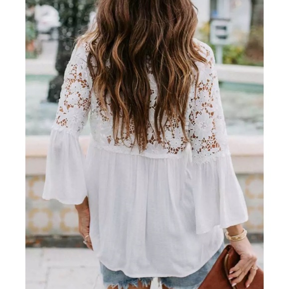 SOLD OUT White Boho Crochet Lace Button Up Blouse Top - Picture 2 of 4